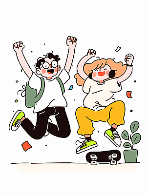 전신 여자 남자 행복 일러스트 웃음 성인 두명 캐주얼 친구 청춘 점프 헤드폰 만세 스케이트보드 활기 성인만 안경낌 국내일러스트 AI파일 옷 감정 안경 음향기기 컨셉 관계 모션 표정 사람 보드_스포츠 파일형식 벡터