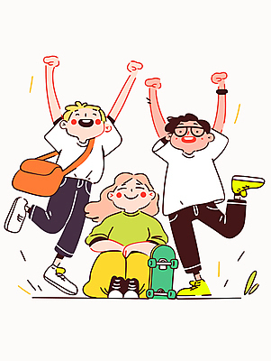 전신 여자 남자 행복 대학생 일러스트 웃음 성인 캐주얼 세명 친구 청춘 점프 만세 스케이트보드 크로스백 활기 다리들기 성인만 안경낌 국내일러스트 AI파일 학생 옷 감정 안경 컨셉 가방 관계 모션 표정 사람 보드_스포츠 파일형식 벡터