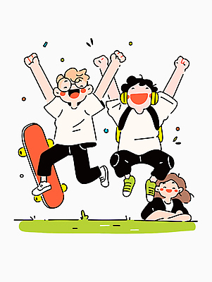 여자 남자 행복 일러스트 청소년 책가방 웃음 성인 캐주얼 세명 친구 청춘 점프 헤드폰 만세 스케이트보드 활기 안경낌 국내일러스트 AI파일 옷 감정 안경 음향기기 컨셉 가방 관계 모션 표정 사람 보드_스포츠 파일형식 벡터