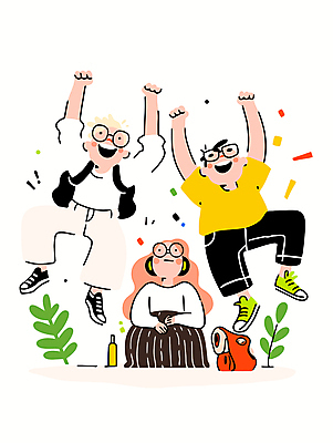 전신 여자 남자 행복 가방 일러스트 웃음 앉기 성인 캐주얼 세명 친구 청춘 점프 헤드폰 만세 활기 성인만 안경낌 국내일러스트 AI파일 잡화 옷 감정 안경 음향기기 컨셉 관계 모션 표정 사람 파일형식 벡터