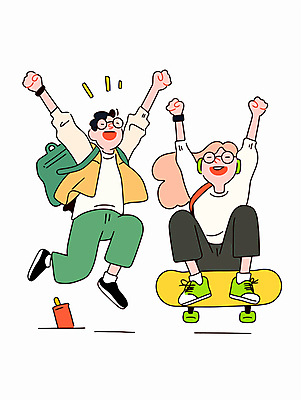 전신 여자 남자 행복 대학생 가방 일러스트 웃음 성인 두명 캐주얼 친구 청춘 눈감음 점프 만세 스케이트보드 활기 성인만 안경낌 국내일러스트 AI파일 학생 잡화 옷 감정 안경 컨셉 관계 모션 표정 사람 보드_스포츠 파일형식 벡터