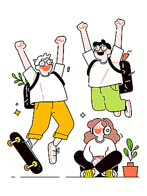 전신 여자 남자 행복 대학생 가방 일러스트 웃음 앉기 성인 캐주얼 세명 친구 청춘 점프 헤드폰 만세 스케이트보드 활기 성인만 안경낌 국내일러스트 AI파일 학생 잡화 옷 감정 안경 음향기기 컨셉 관계 모션 표정 사람 보드_스포츠 파일형식 벡터