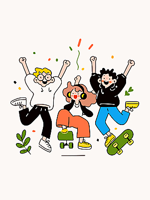 전신 여자 남자 행복 대학생 일러스트 웃음 성인 캐주얼 세명 친구 청춘 점프 헤드폰 만세 스케이트보드 활기 성인만 안경낌 국내일러스트 AI파일 학생 옷 감정 안경 음향기기 컨셉 관계 모션 표정 사람 보드_스포츠 파일형식 벡터