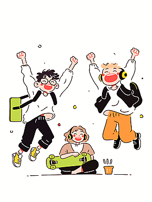 전신 여자 남자 행복 가방 일러스트 웃음 앉기 성인 캐주얼 세명 친구 청춘 점프 헤드폰 만세 스케이트보드 활기 성인만 안경낌 국내일러스트 AI파일 잡화 옷 감정 안경 음향기기 컨셉 관계 모션 표정 사람 보드_스포츠 파일형식 벡터