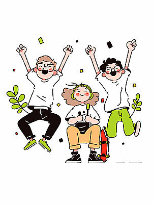 전신 여자 남자 행복 일러스트 웃음 앉기 성인 캐주얼 세명 친구 청춘 점프 헤드폰 만세 잡기 스케이트보드 활기 성인만 안경낌 국내일러스트 AI파일 옷 감정 안경 음향기기 컨셉 관계 모션 표정 사람 보드_스포츠 파일형식 벡터