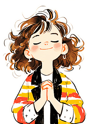 JPG 여자 어린이 일러스트 한명 미소 소녀 눈감음 귀걸이 올려보기 기도 손모으기 소녀한명만 국내일러스트 AI일러스트 AI콘텐츠 1 장신구 모션 표정 사람 손짓 여자한명만 소녀만 파일형식