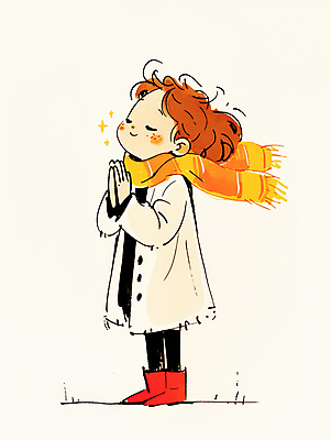 JPG 전신 여자 어린이 일러스트 한명 서기 미소 소녀 눈감음 목도리 올려보기 기도 손모으기 소녀한명만 국내일러스트 AI일러스트 AI콘텐츠 1 잡화 모션 표정 사람 손짓 여자한명만 소녀만 파일형식