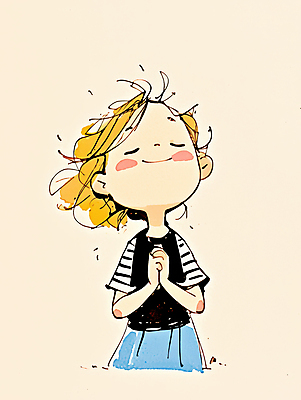 JPG 여자 어린이 일러스트 한명 미소 소녀 눈감음 올려보기 기도 손모으기 베이지색 소녀한명만 국내일러스트 AI일러스트 AI콘텐츠 1 컬러 모션 표정 사람 손짓 여자한명만 소녀만 파일형식