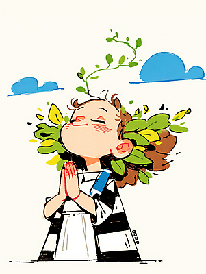 JPG 구름 여자 어린이 잎 일러스트 한명 미소 소녀 눈감음 올려보기 기도 풀 손모으기 소녀한명만 국내일러스트 AI일러스트 AI콘텐츠 자연요소 식물 1 모션 표정 사람 손짓 여자한명만 소녀만 파일형식