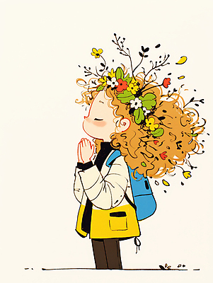 JPG 여자 꽃 어린이 가방 일러스트 한명 서기 소녀 눈감음 화관 올려보기 기도 손모으기 소녀한명만 국내일러스트 AI일러스트 AI콘텐츠 식물 1 잡화 모션 사람 손짓 여자한명만 소녀만 파일형식