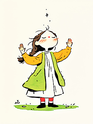 JPG 전신 여자 어린이 일러스트 팔벌리기 땋은머리 한명 서기 소녀 눈감음 올려보기 기도 소녀한명만 국내일러스트 AI일러스트 AI콘텐츠 1 헤어스타일 모션 사람 여자한명만 소녀만 파일형식