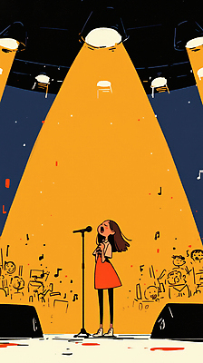 JPG 여자 음표 일러스트 노래 조명 밝음 한명 성인 빛 스피커 공연 가수 무대 군중 공연장 마이크 스포트라이트 성인여자한명만 국내일러스트 AI일러스트 AI콘텐츠 1 기호 음악 음향기기 사람 이벤트 음악가 극장 여자한명만 성인여자만 파일형식