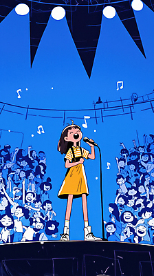 JPG 전신 여자 남자 음표 일러스트 노래 청소년 조명 여러명 성인 파란색 공연 기쁨 가수 무대 잡기 군중 공연장 마이크 스포트라이트 활기 국내일러스트 AI일러스트 AI콘텐츠 기호 감정 음악 컬러 음향기기 다수 컨셉 모션 사람 이벤트 음악가 극장 파일형식