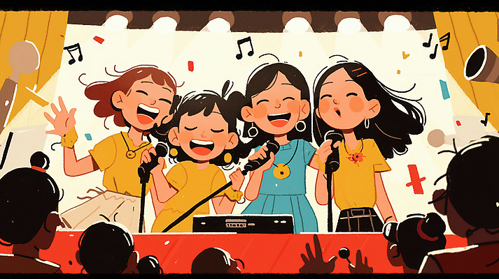 JPG 여자 남자 음악 음표 일러스트 목걸이 청소년 웃음 여러명 성인 귀걸이 공연 무대 군중 공연장 마이크 활기 합창 국내일러스트 AI일러스트 AI콘텐츠 기호 음향기기 다수 컨셉 장신구 노래 문화예술 표정 사람 이벤트 극장 파일형식