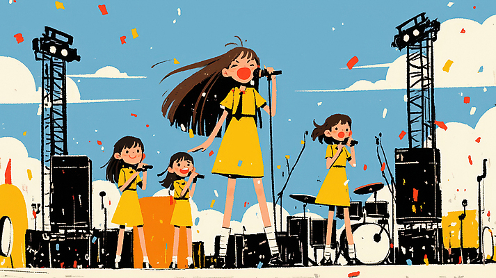 JPG 구름 여자 일러스트 노래 청소년 하늘 조명 서기 미소 웃음 여러명 공연 기쁨 무대 잡기 밴드 공연장 마이크 드럼 활기 합창 십대여자만 국내일러스트 AI일러스트 AI콘텐츠 자연요소 감정 음악 음향기기 다수 컨셉 모션 타악기 표정 사람 이벤트 극장 여자만 십대만 파일형식