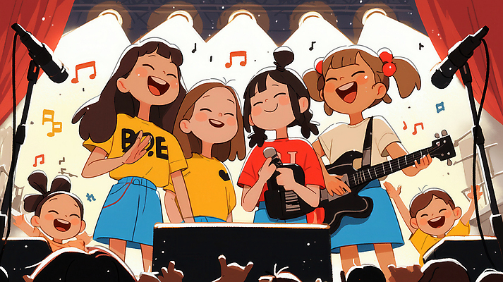 JPG 여자 남자 어린이 음표 일러스트 노래 조명 웃음 소녀 소년 여러명 공연 기타 잡기 밴드 군중 공연장 마이크 활기 어린이만 국내일러스트 AI일러스트 AI콘텐츠 기호 음악 음향기기 다수 컨셉 모션 현악기 표정 사람 이벤트 극장 파일형식