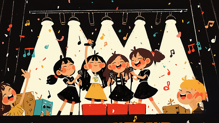 JPG 여자 남자 어린이 음향기기 음표 일러스트 노래 조명 서기 웃음 들기 소녀 소년 여러명 공연 무대 잡기 공연장 마이크 합창 손뻗기 어린이만 국내일러스트 AI일러스트 AI콘텐츠 기호 음악 다수 모션 표정 사람 이벤트 전자제품 극장 파일형식