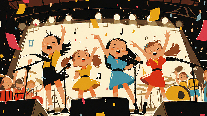 JPG 전신 여자 남자 음향기기 음표 일러스트 노래 소녀 소년 여러명 손들기 공연 만세 가수 무대 가리킴 군중 공연장 마이크 드럼 활기 어린이만 국내일러스트 AI일러스트 AI콘텐츠 기호 어린이 음악 다수 컨셉 모션 타악기 사람 손짓 이벤트 전자제품 음악가 극장 파일형식