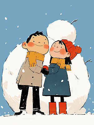 JPG 전신 여자 남자 행복 어린이 겨울 일러스트 눈사람 털모자 미소 소녀 소년 야외 두명 파란색 친구 손잡기 목도리 눈 추억 즐거움 털장갑 눈사람만들기 쌓인눈 눈내림 어린이만 국내일러스트 AI일러스트 AI콘텐츠 자연요소 모자_잡화 잡화 계절 감정 컬러 장갑 컨셉 관계 모션 날씨 눈_날씨 표정 사람 만들기 파일형식