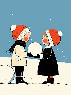 JPG 여자 남자 행복 어린이 겨울 일러스트 털모자 미소 들기 소녀 소년 야외 두명 파란색 친구 마주보기 눈감음 눈 추억 즐거움 털장갑 눈뭉치 눈사람만들기 쌓인눈 눈내림 어린이만 국내일러스트 AI일러스트 AI콘텐츠 자연요소 모자_잡화 계절 감정 컬러 장갑 컨셉 관계 모션 눈사람 날씨 눈_날씨 표정 사람 만들기 파일형식