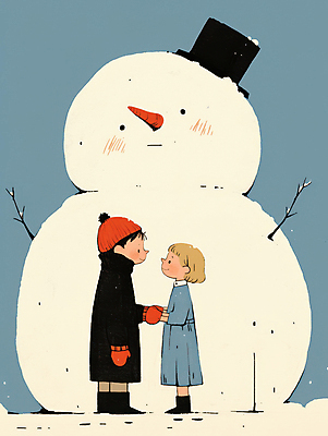 JPG 여자 남자 행복 어린이 겨울 일러스트 눈사람 털모자 미소 소녀 소년 야외 두명 파란색 친구 마주보기 손잡기 눈 추억 즐거움 털장갑 눈사람만들기 쌓인눈 눈내림 어린이만 국내일러스트 AI일러스트 AI콘텐츠 자연요소 모자_잡화 계절 감정 컬러 장갑 컨셉 관계 모션 날씨 눈_날씨 표정 사람 만들기 파일형식