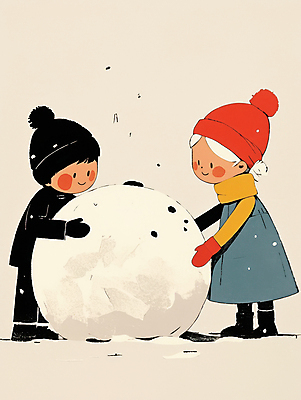 JPG 전신 여자 남자 행복 어린이 겨울 일러스트 털모자 미소 소녀 소년 야외 두명 친구 만지기 눈 추억 즐거움 털장갑 눈뭉치 눈사람만들기 베이지색 쌓인눈 눈내림 어린이만 국내일러스트 AI일러스트 AI콘텐츠 자연요소 모자_잡화 계절 감정 컬러 장갑 컨셉 관계 모션 눈사람 날씨 눈_날씨 표정 사람 만들기 파일형식