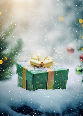 JPG 편집이미지 크리스마스장식 크리스마스 사람없음 초록색 선물상자 한개 크리스마스트리 오브젝트 보케 솔잎 쌓인눈 눈내림 오너먼트 편집실사 AI포토 AI콘텐츠 1 기념일 컬러 잎 눈_날씨 선물 상자 CG 파일형식