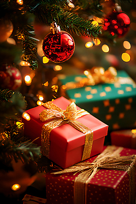 JPG 편집이미지 크리스마스장식 크리스마스 사람없음 빨간색 선물상자 크리스마스트리 여러개 오브젝트 보케 핀전구 오너먼트 편집실사 AI포토 AI콘텐츠 기념일 컬러 다수 전구 선물 상자 CG 파일형식