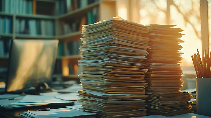 JPG 편집이미지 비즈니스 사람없음 컴퓨터 사무실 햇빛 쌓기 업무 작업 가득함 책상 문서 파일 서류더미 편집실사 AI포토 AI콘텐츠 가구 모션 전자제품 태양 CG 파일형식 더미