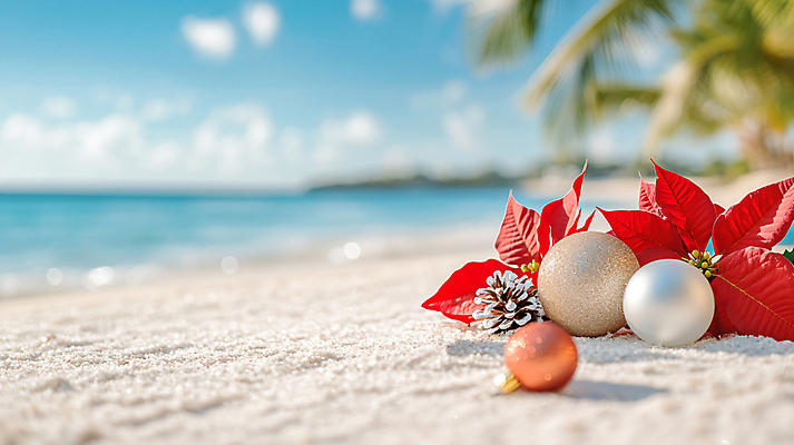 JPG 편집이미지 크리스마스 해변 사람없음 여름 모래사장 야자수 디지털합성 솔방울 포인세티아 오너먼트 편집실사 AI포토 AI콘텐츠 나무 계절 기념일 꽃 바다 크리스마스장식 CG 파일형식