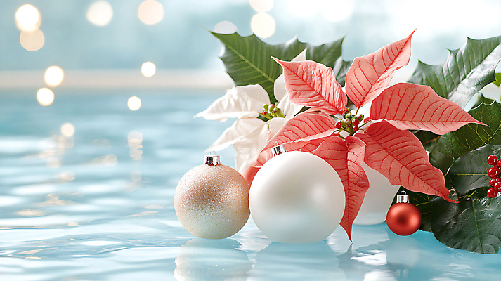 JPG 편집이미지 열매 바다 잎 크리스마스 사람없음 여름 반사 디지털합성 포인세티아 오너먼트 편집실사 AI포토 AI콘텐츠 식물 계절 기념일 꽃 크리스마스장식 CG 파일형식