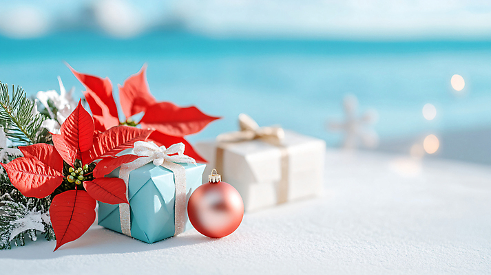 JPG 편집이미지 바다 크리스마스 사람없음 여름 선물상자 디지털합성 보케 포인세티아 오너먼트 편집실사 AI포토 AI콘텐츠 계절 기념일 꽃 크리스마스장식 선물 상자 CG 파일형식