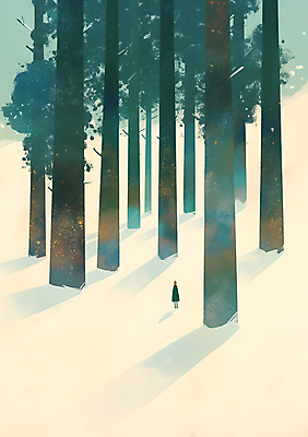 JPG 전신 나무 겨울 일러스트 자연 한명 풍경 성인 눈 숲 성인한명만 눈덮임 국내일러스트 AI일러스트 AI콘텐츠 자연요소 식물 1 계절 컨셉 날씨 사람 생태계 성인만 파일형식