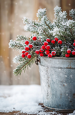 JPG 편집이미지 열매 겨울 사람없음 눈 양동이 솔잎 눈내림 편집실사 AI포토 AI콘텐츠 자연요소 식물 계절 잎 날씨 눈_날씨 CG 파일형식