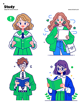 학생 여자 남자 교복 안경 인물캐릭터 가방 일러스트 교실 청소년 미소 들기 여러명 상반신 책 초록색 파란색 스터디 독서 집중 십대만 일러캐릭터 AI파일 캐릭터 잡화 옷 교육 컬러 다수 컨셉 학교 모션 표정 사람 학습 파일형식 벡터
