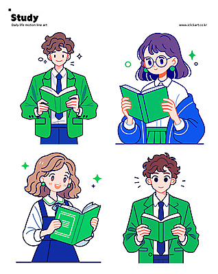 여학생 여자 남자 교복 안경 남학생 인물캐릭터 일러스트 청소년 미소 들기 여러명 상반신 책 초록색 파란색 스터디 독서 집중 십대만 일러캐릭터 AI파일 캐릭터 학생 잡화 옷 컬러 다수 컨셉 모션 표정 사람 학습 파일형식 벡터