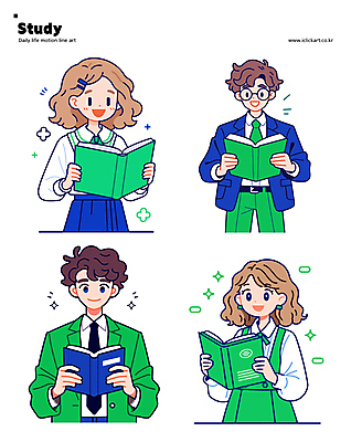 학생 여학생 여자 남자 교복 안경 남학생 인물캐릭터 일러스트 청소년 미소 들기 여러명 상반신 책 초록색 파란색 스터디 독서 집중 십대만 일러캐릭터 AI파일 캐릭터 잡화 옷 컬러 다수 컨셉 모션 표정 사람 학습 파일형식 벡터