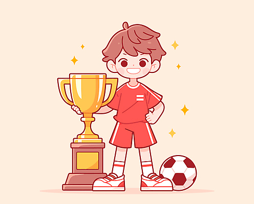 전신 남자 어린이 일러스트 축구공 한명 웃음 소년 운동 축구 우승 트로피 시상 우승자 소년한명만 국내일러스트 AI파일 1 공 축구용품 표정 건강 사람 구기 최고 상_우승 남자한명만 소년만 파일형식 벡터