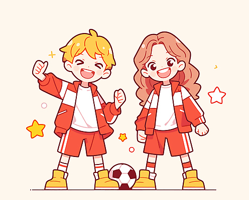 전신 여자 남자 별 어린이 일러스트 협력 웃음 소녀 소년 두명 운동 기쁨 축구복 따봉 어린이만 국내일러스트 AI파일 자연요소 감정 표정 건강 사람 운동복 축구 최고 파일형식 벡터