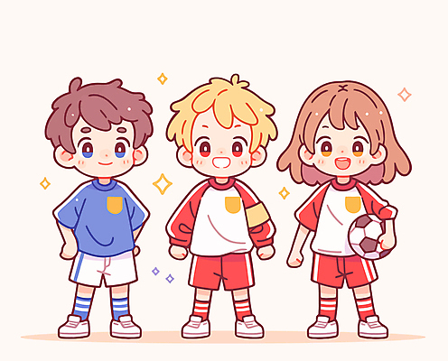 전신 여자 남자 어린이 일러스트 축구공 협력 웃음 들기 소녀 소년 세명 친구 운동 축구복 어린이만 국내일러스트 AI파일 공 축구용품 관계 모션 표정 건강 사람 운동복 축구 파일형식 벡터