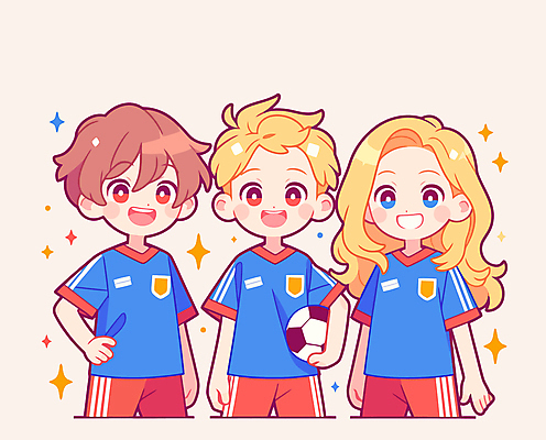 여자 남자 어린이 허리손 일러스트 축구공 협력 웃음 들기 소녀 소년 상반신 세명 운동 축구 축구복 어린이만 국내일러스트 AI파일 포즈 공 축구용품 모션 표정 건강 사람 운동복 구기 파일형식 벡터