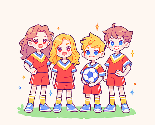 전신 여자 남자 어린이 허리손 일러스트 축구공 협력 들기 소녀 소년 여러명 친구 반짝임 운동 축구 축구복 어린이만 국내일러스트 AI파일 포즈 다수 공 축구용품 관계 모션 건강 사람 운동복 구기 파일형식 벡터