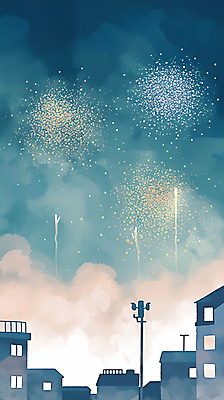 JPG 구름 일러스트 밤하늘 주택 폭죽 불꽃놀이 풍경 사람없음 빛 전봇대 국내일러스트 AI일러스트 AI콘텐츠 자연요소 공공시설 놀이 하늘 건물 야간 파일형식