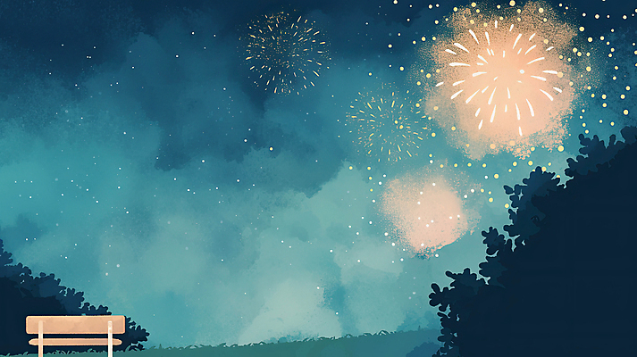 JPG 식물 구름 벤치 의자 일러스트 밤하늘 폭죽 불꽃놀이 풍경 잔디 사람없음 빛 국내일러스트 AI일러스트 AI콘텐츠 자연요소 가구 놀이 하늘 야간 파일형식