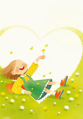 JPG 전신 여자 꽃 행복 어린이 일러스트 자연 따뜻함 한명 웃음 소녀 초원 연두색 눕기 봄 하트 풀 민들레 소녀한명만 국내일러스트 AI일러스트 AI콘텐츠 모양 식물 1 계절 감정 모션 표정 사람 초록색 생태계 여자한명만 소녀만 파일형식