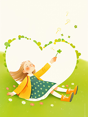 JPG 전신 여자 꽃 행복 어린이 일러스트 자연 따뜻함 한명 웃음 소녀 초원 연두색 눕기 봄 하트 풀 네잎클로버 소녀한명만 국내일러스트 AI일러스트 AI콘텐츠 모양 식물 1 계절 감정 모션 표정 사람 초록색 클로버 생태계 여자한명만 소녀만 파일형식