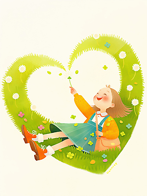 JPG 전신 여자 꽃 행복 어린이 일러스트 자연 따뜻함 한명 웃음 소녀 초원 연두색 눕기 봄 하트 풀 네잎클로버 세잎클로버 소녀한명만 국내일러스트 AI일러스트 AI콘텐츠 모양 식물 1 계절 감정 모션 표정 사람 초록색 클로버 생태계 여자한명만 소녀만 파일형식