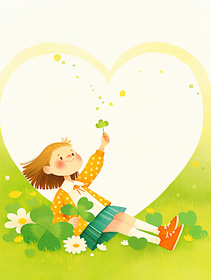 JPG 전신 여자 꽃 행복 어린이 일러스트 자연 따뜻함 한명 웃음 소녀 초원 연두색 눕기 봄 하트 풀 네잎클로버 세잎클로버 소녀한명만 국내일러스트 AI일러스트 AI콘텐츠 모양 식물 1 계절 감정 모션 표정 사람 초록색 클로버 생태계 여자한명만 소녀만 파일형식