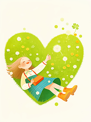 JPG 전신 여자 꽃 행복 어린이 일러스트 자연 따뜻함 한명 웃음 소녀 초원 연두색 눕기 봄 하트 풀 네잎클로버 민들레 소녀한명만 국내일러스트 AI일러스트 AI콘텐츠 모양 식물 1 계절 감정 모션 표정 사람 초록색 클로버 생태계 여자한명만 소녀만 파일형식