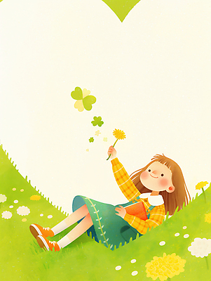 JPG 전신 여자 꽃 행복 어린이 일러스트 자연 따뜻함 한명 웃음 소녀 초원 연두색 눕기 봄 하트 풀 민들레 세잎클로버 소녀한명만 국내일러스트 AI일러스트 AI콘텐츠 모양 식물 1 계절 감정 모션 표정 사람 초록색 클로버 생태계 여자한명만 소녀만 파일형식